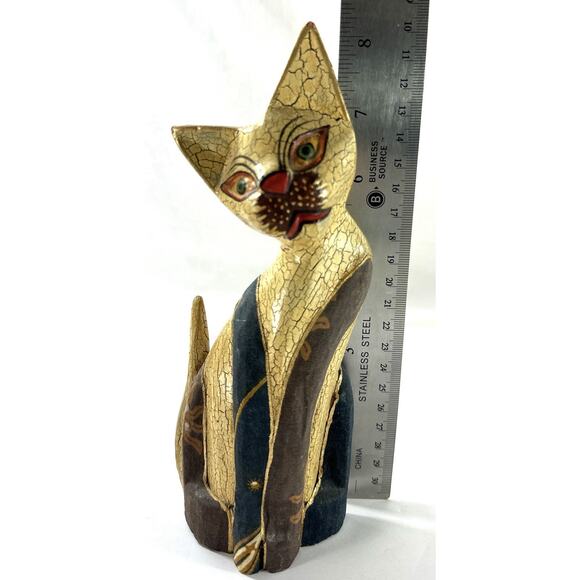 Set of 3 Hand Carved Wood Cat Sculptures Crackle Painted Folk Art - Picture 5 of 8